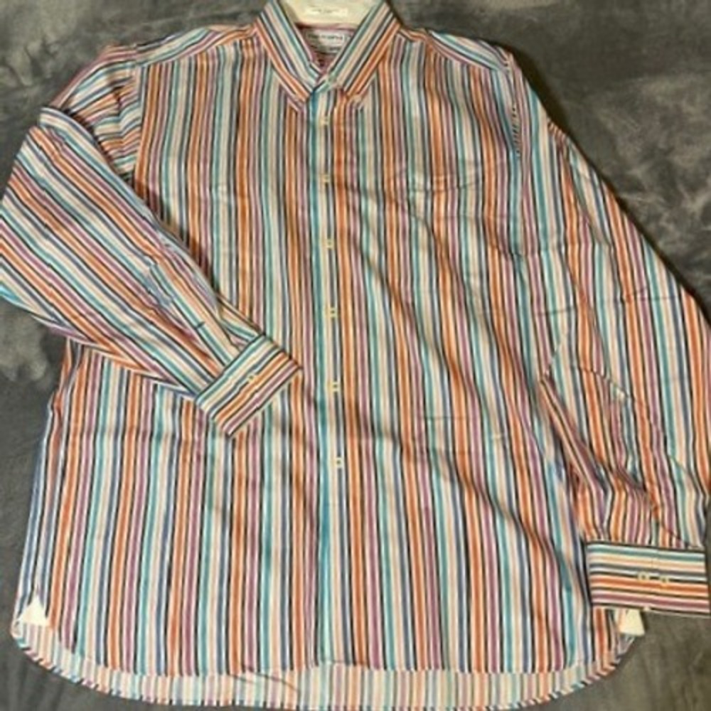 Paul Fredrick Mens XL Slim Fit Non-Iron Cotton Multi Color Striped Dress Shirt